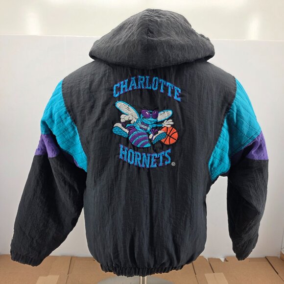 VTG 90s NBA CHARLOTTE HORNETS STARTER PUFFER JACKET PULLOVER SIZE L BLACK - Picture 2 of 15